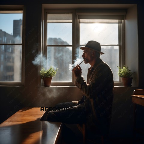 Man smoking a cigarette in a room with a window