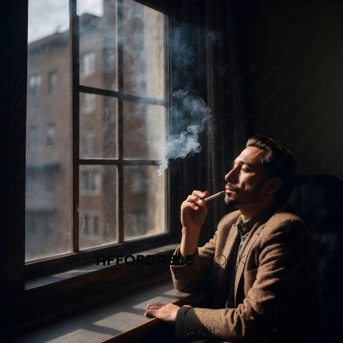 A man smoking a cigarette while sitting at a desk