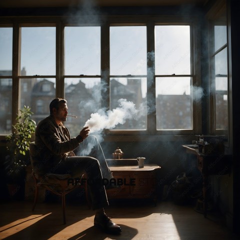 A man smoking a cigar in a dimly lit room