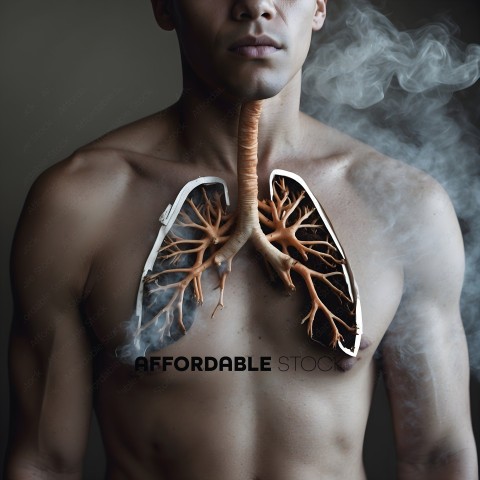 A shirtless man with a fake lung and a fake heart