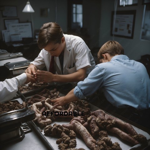 Two men and a boy are looking at a tray of sausages