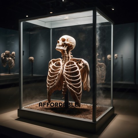 A skeleton with a skull on display in a museum