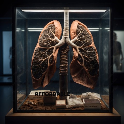 A preserved lung in a glass case