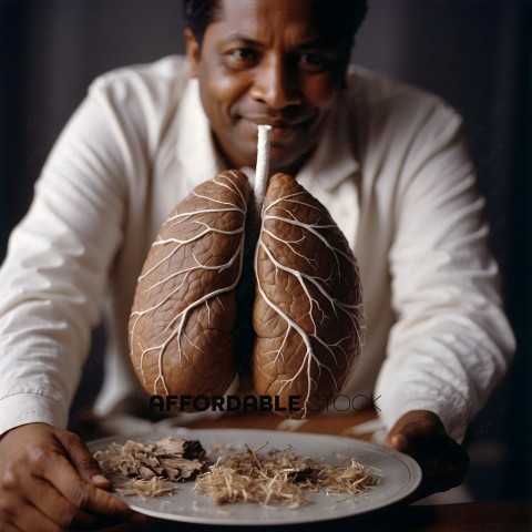 A man holding a plate with a fake lung on it