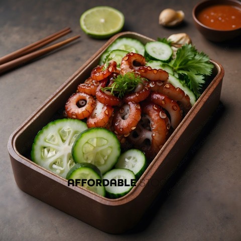 A dish of sushi with cucumber and octopus