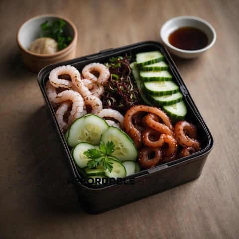 A Bento Box of Shrimp, Cucumber, and Other Vegetables