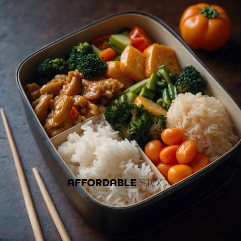 A Bento Box of Chinese Food with Chicken, Rice, Broccoli, and Carrots