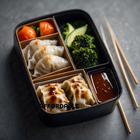 A black square tray with a variety of foods including vegetables and dumplings
