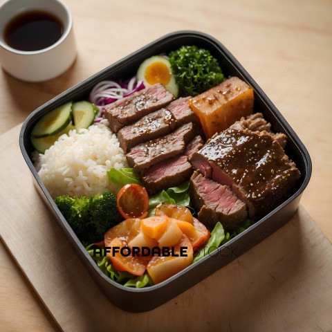 A meal of meat, vegetables, and rice in a black bowl