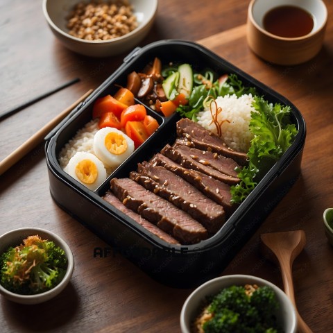 A meal of rice, eggs, and meat in a black container