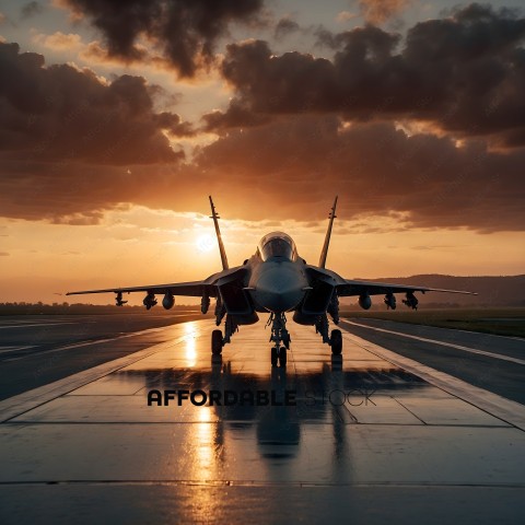 A jet fighter plane on a runway at sunset