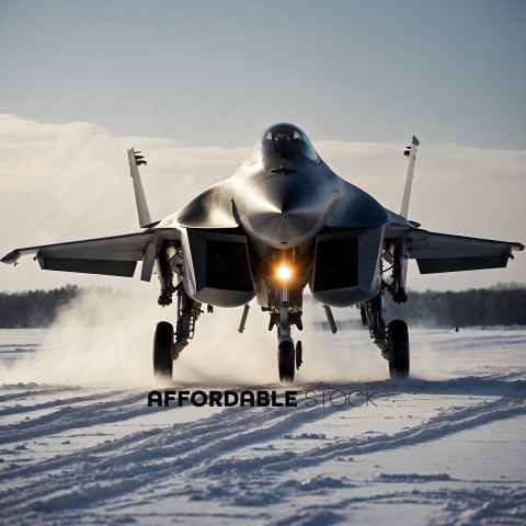 A jet fighter plane in the snow
