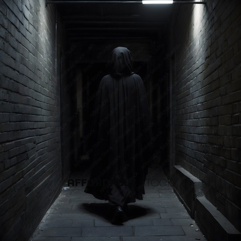 A person in a black cloak walks down a dark hallway