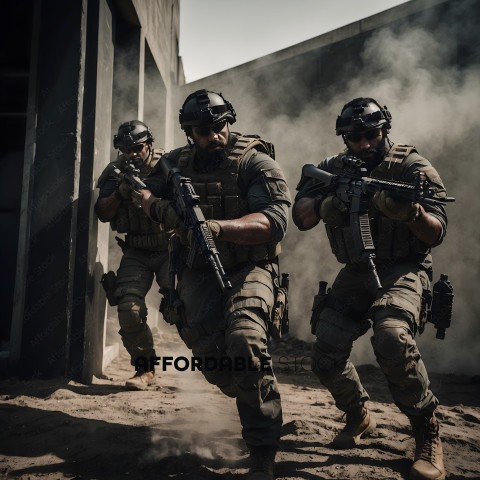Soldiers with weapons running through smoke