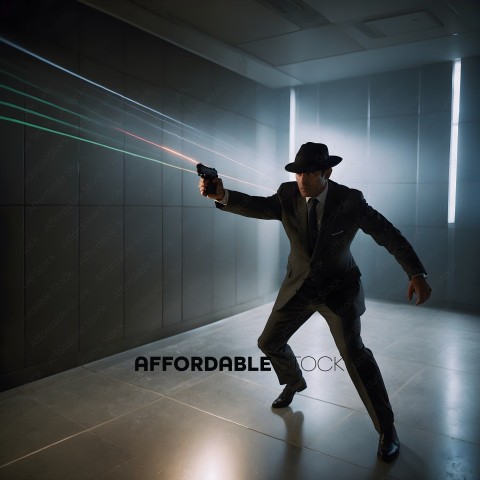 Man in suit holding a gun in a dark room