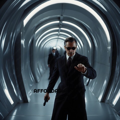Man in a suit with a gun in a hallway