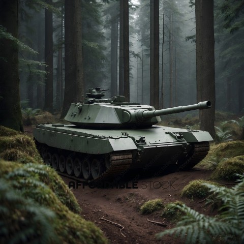 A green tank in the woods