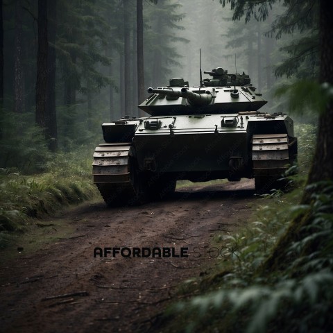 A green army tank driving down a dirt road