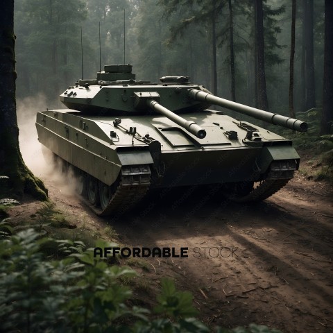A green tank driving through a forest
