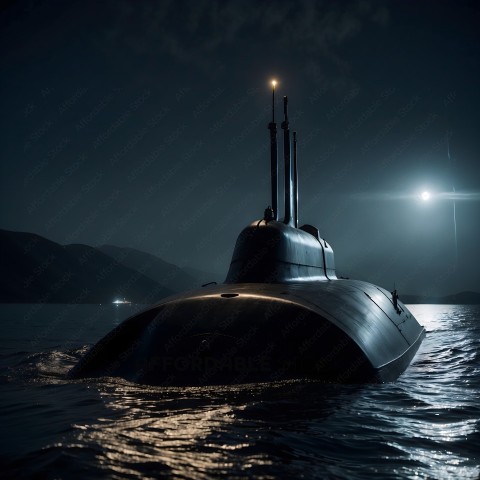 A submarine sits in the ocean at night