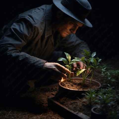 Man tending to plants in the dark