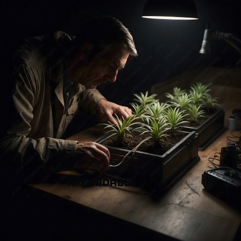 Man Tending to Plant in Darkened Room