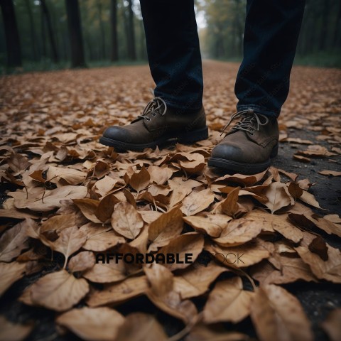A person standing on a leaf covered path
