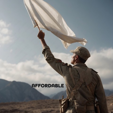 Man in military uniform holding a white flag