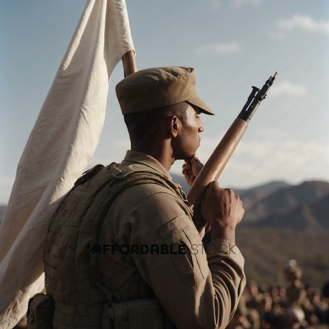 Soldier with rifle and flag