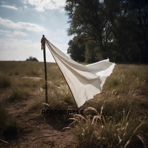 A white cloth hangs in a field