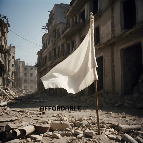 A white flag on a wooden pole in a destroyed city