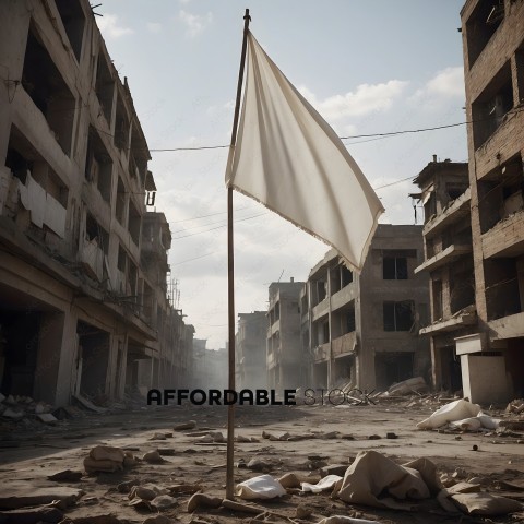 A white flag in a destroyed city