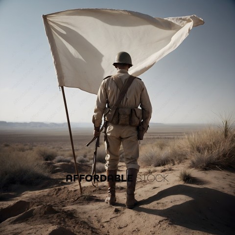 A soldier holding a white flag on a desert landscape