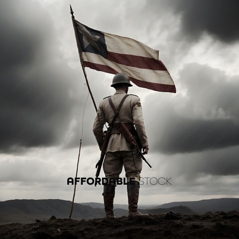 A soldier stands on a hill with a flag