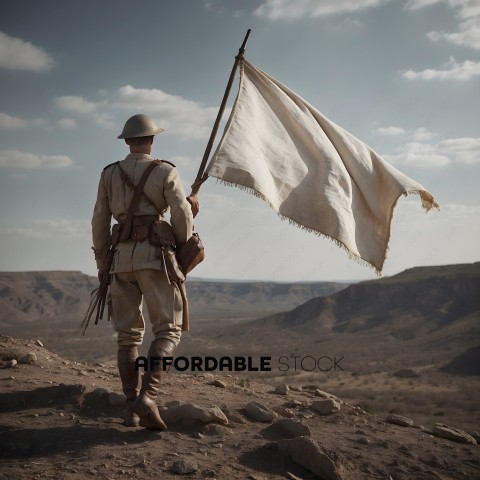A soldier holding a white flag in a desert landscape
