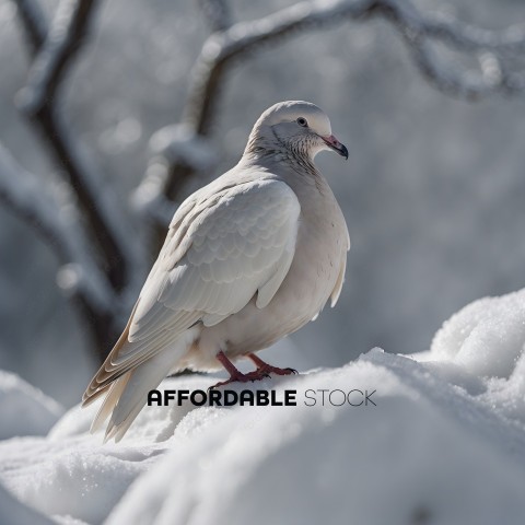 A bird with a red beak standing on a snow covered branch
