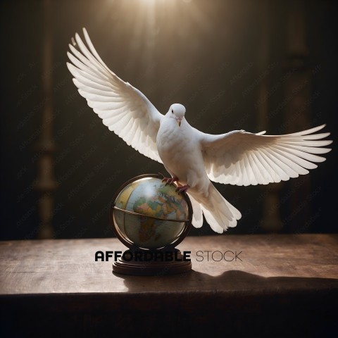 A white dove with its wings spread out on a globe