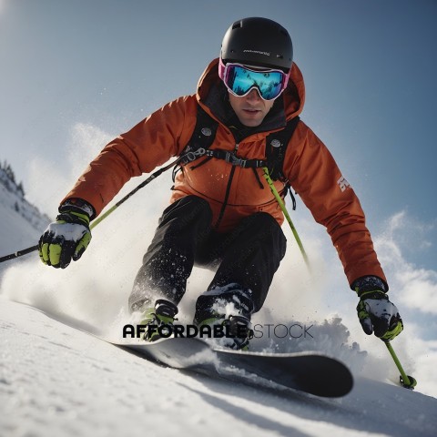 Skier in Orange Jacket and Goggles