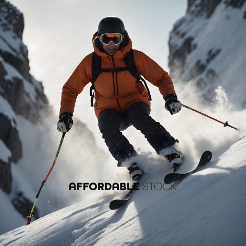 Skier in Orange Jacket and Black Pants on a Snowy Slope