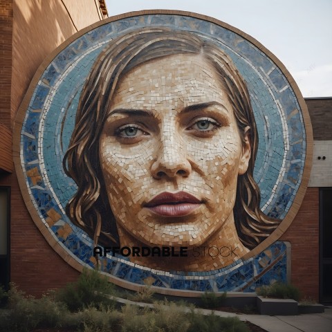 A mural of a woman's face with blue and gold tiles