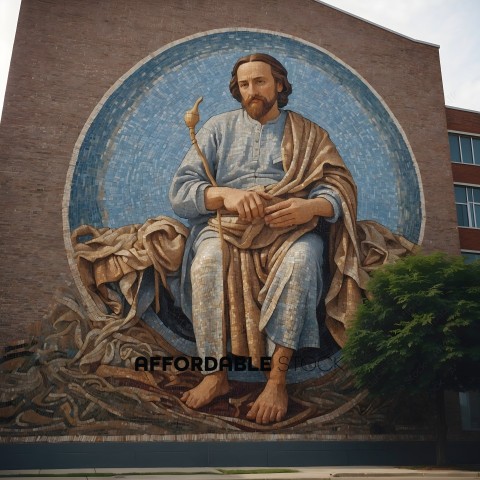 A mural of Jesus with a blue sky and a tree