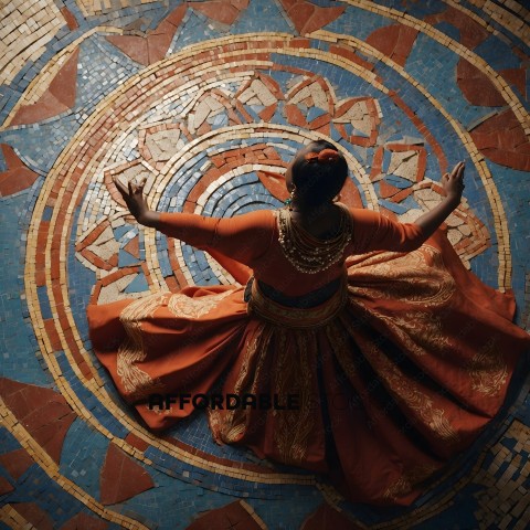 A woman in a red dress dancing on a blue and red tile floor