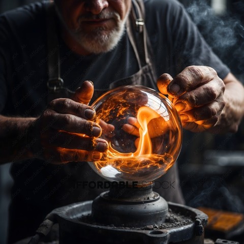 A man working with a glass ball, heating it with a flame
