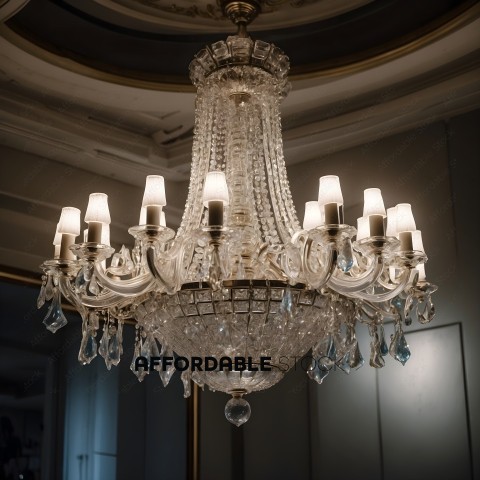 A large chandelier with many crystal pieces