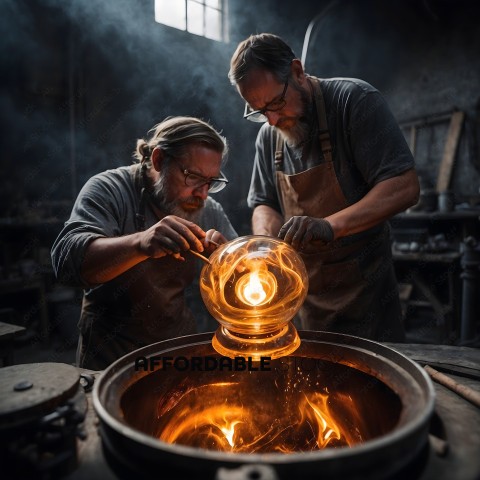 Two men working with a glass blowing tool
