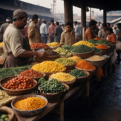 A Marketplace with a Man and Baskets of Vegetables