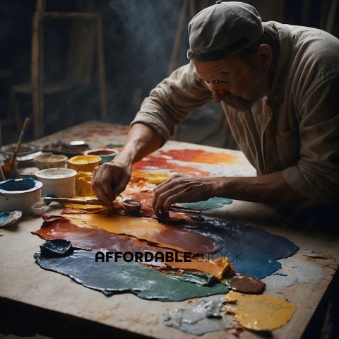 A man working on a painting with many colors