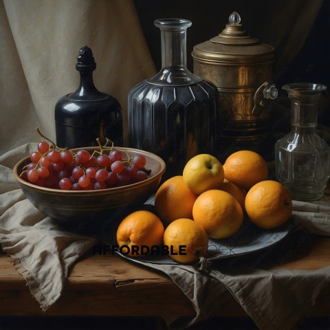 A table with a bowl of grapes, a bowl of oranges, and a bottle of wine