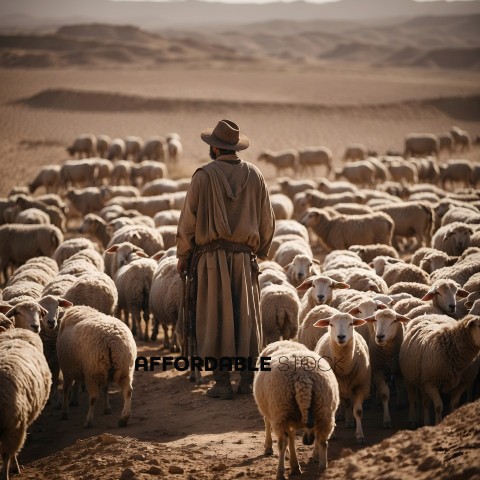 A man in a long coat stands among a herd of sheep