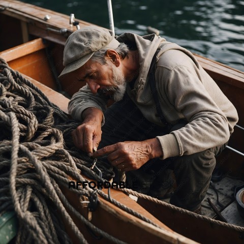 Man fixing rope on boat